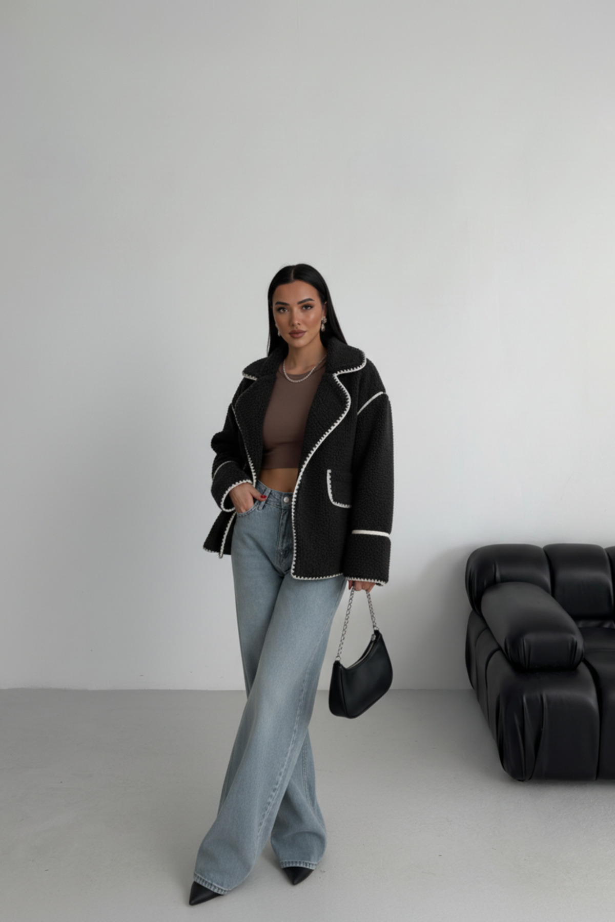ALFUDO Moda Collection Valley Kadın Kruvaze Yaka Teddy Mont görsel 6