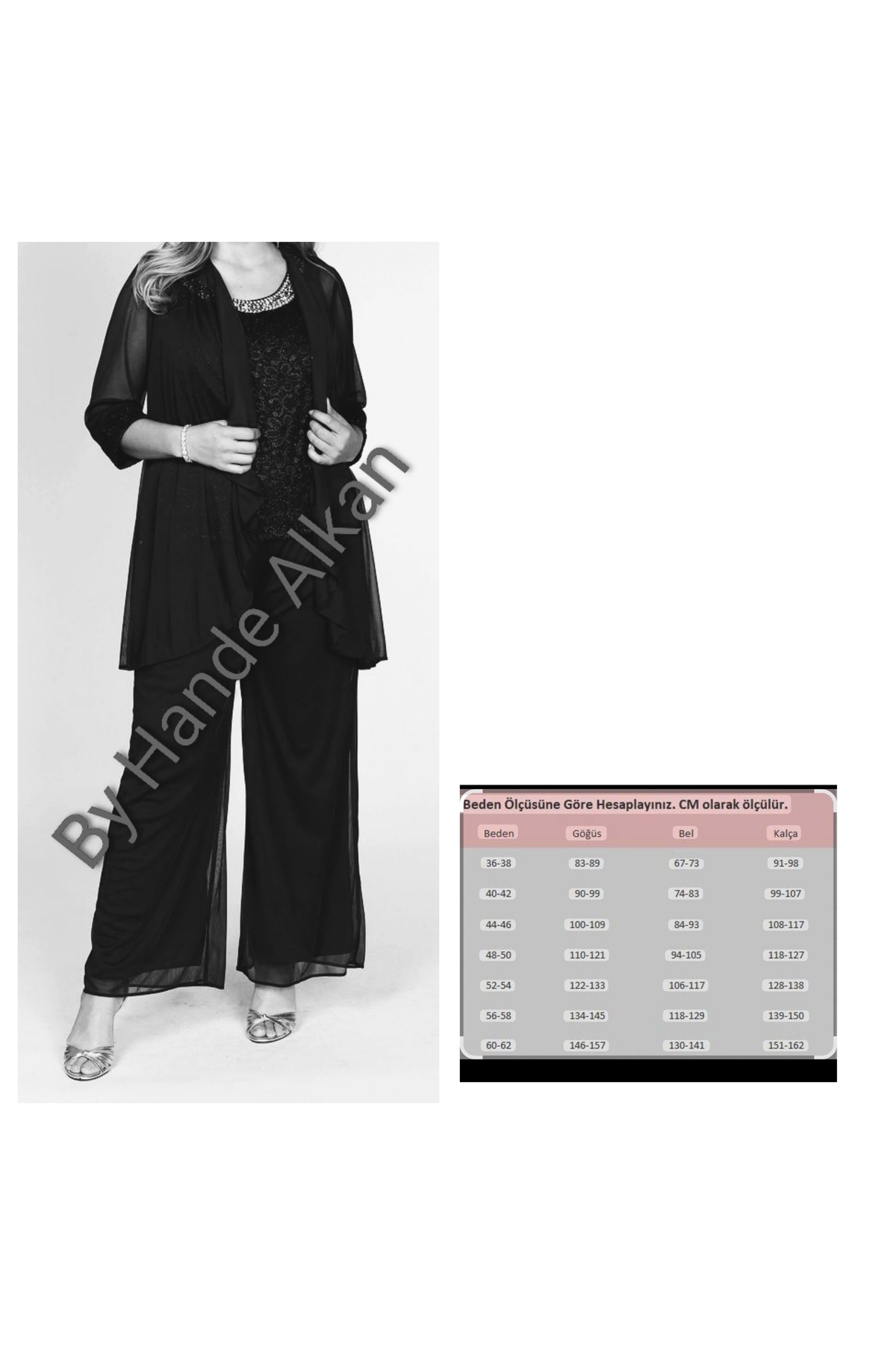 By Hande Alkan Kadın büyük beden siyah şifon salaş ceket pantolon dantel bluz takim