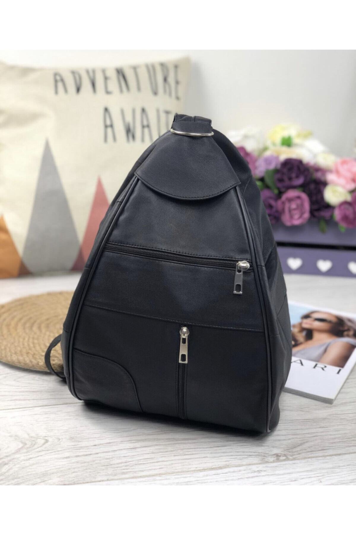 Deribag Hakiki Deri Kadın Sırt Çantası Siyah 25*36*16 Cm