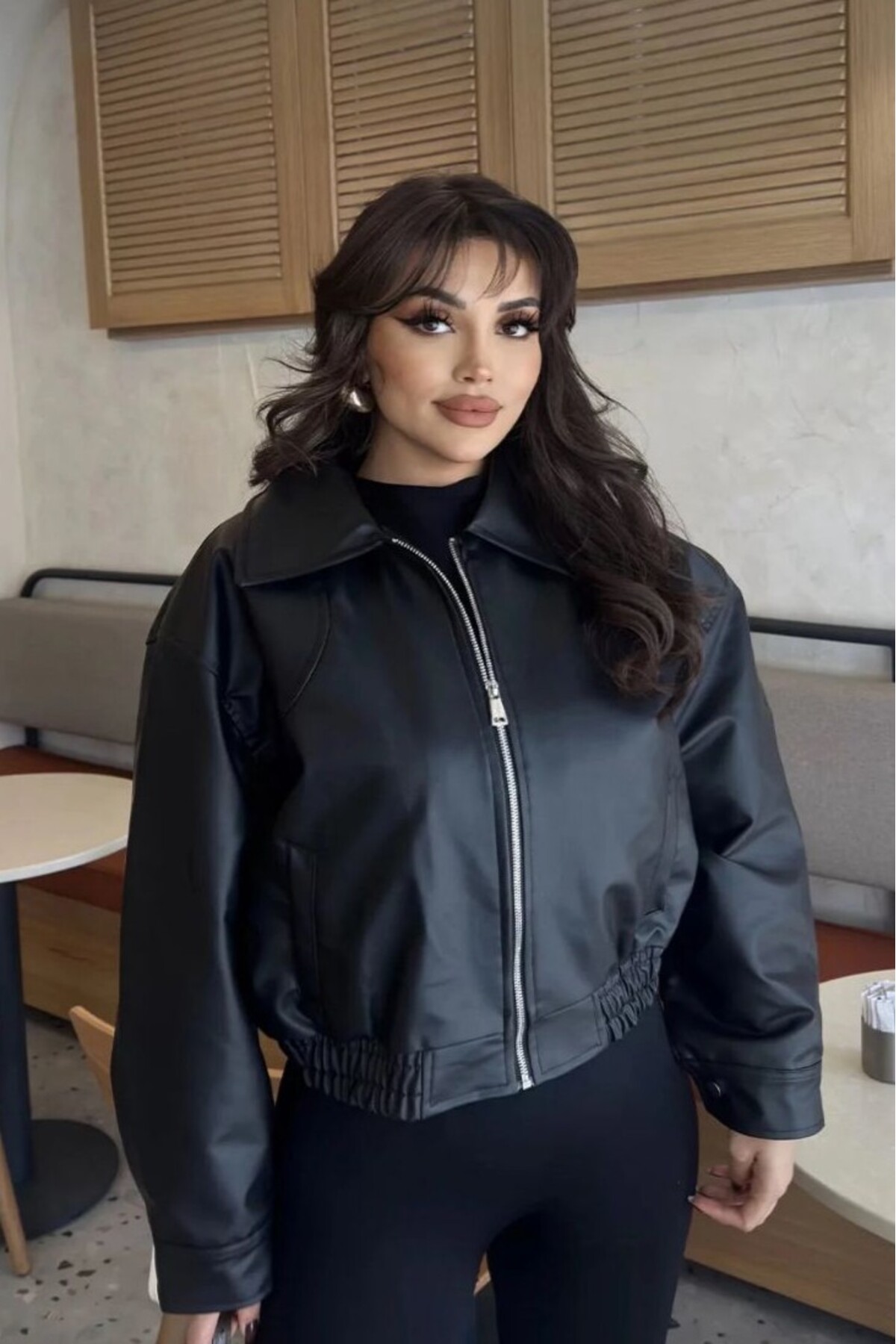 moda armanc  Yakalı Suni Deri Bomber Ceket - Görsel 4