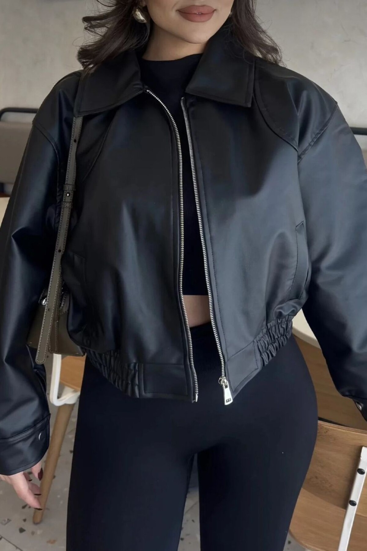 moda armanc  Yakalı Suni Deri Bomber Ceket - Görsel 6