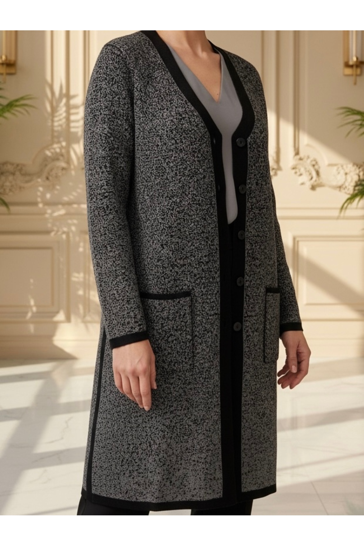 TEK  Desenli Çift Renk Genç Anne Hırka / Siyah Füme - Görsel 5