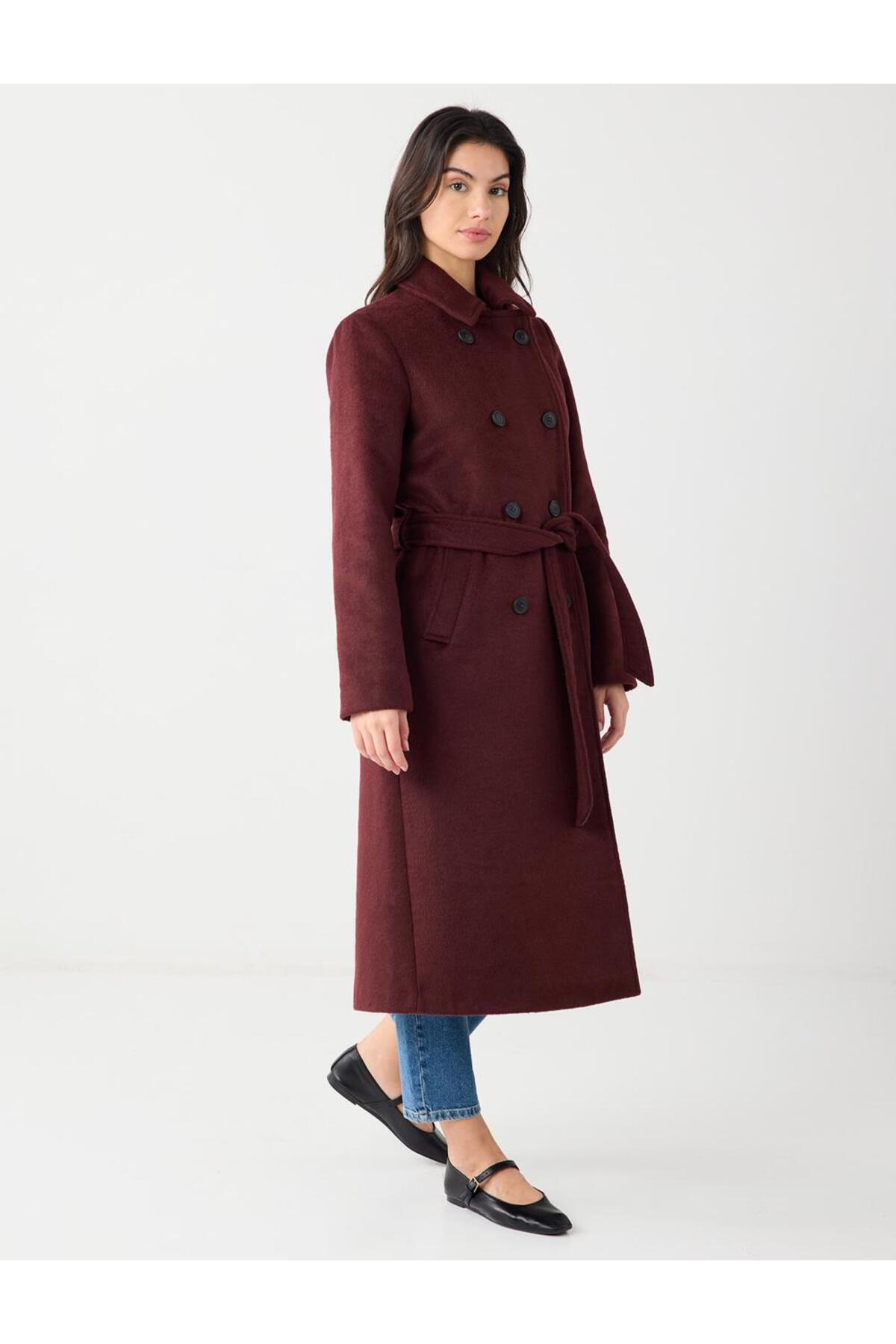 Jimmy Key  Bordo Kruvaze Yaka Kemer Detaylı Kaşe Kaban - Görsel 5