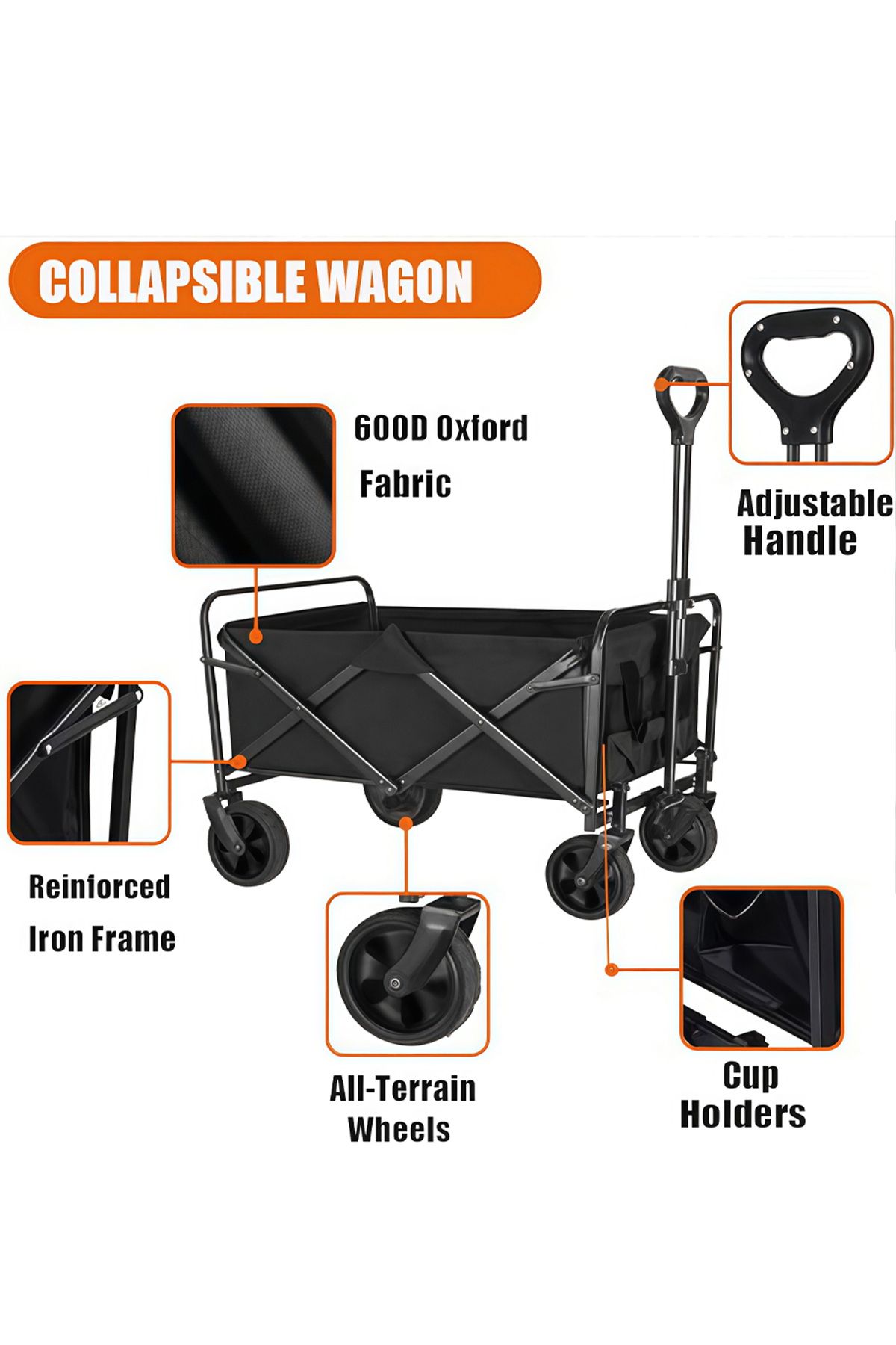 عربة تخييم قابلة للطي، ذات سعة كبيرة وعجلات متينة قابلة للفصل للرحلات والتخييم