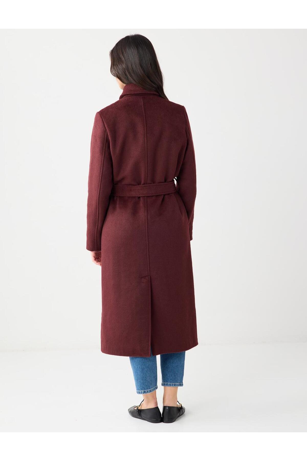 Jimmy Key  Bordo Kruvaze Yaka Kemer Detaylı Kaşe Kaban - Görsel 7
