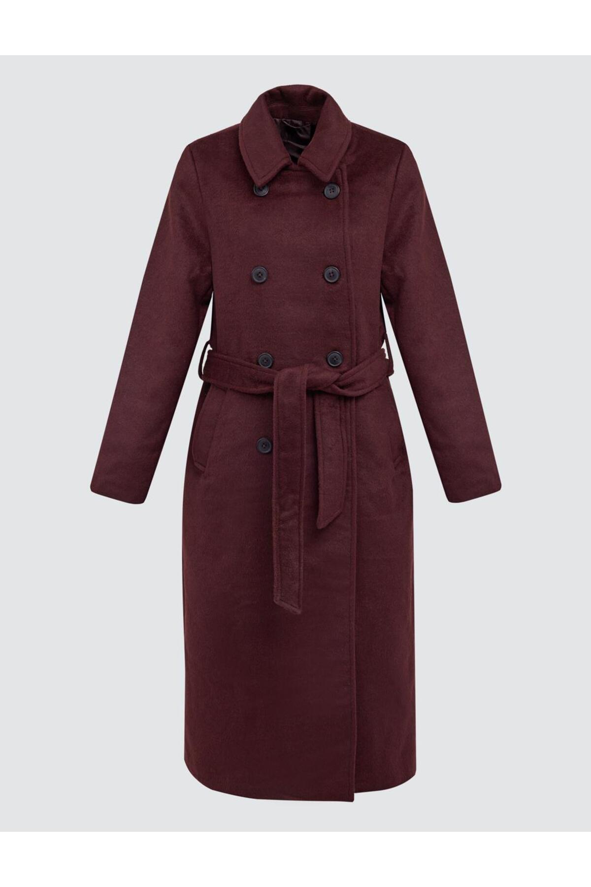 Jimmy Key  Bordo Kruvaze Yaka Kemer Detaylı Kaşe Kaban - Görsel 8