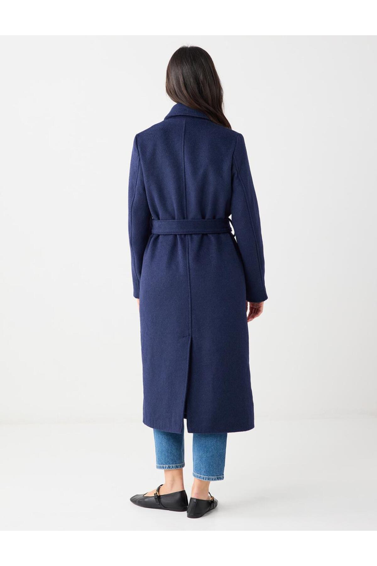 Jimmy Key  Lacivert Kruvaze Yaka Kemer Detaylı Kaşe Kaban - Görsel 7