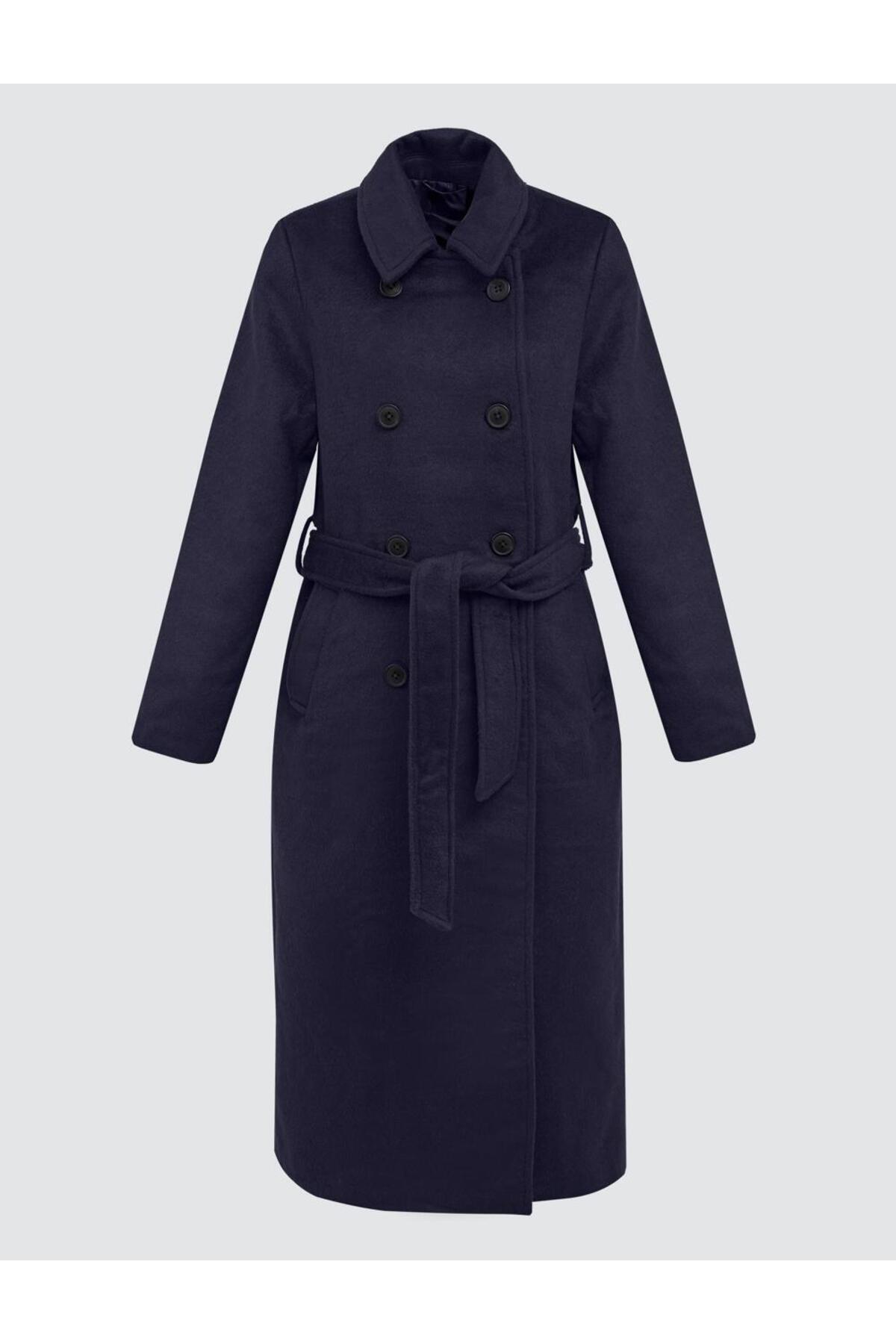 Jimmy Key  Lacivert Kruvaze Yaka Kemer Detaylı Kaşe Kaban - Görsel 8