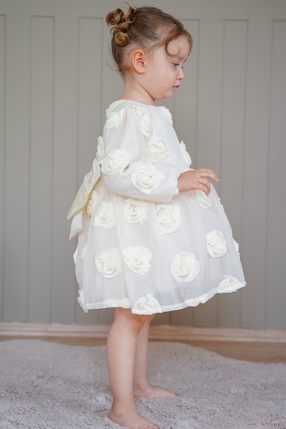 ALYRA Kız Bebek Elbise Uzun Kollu Fiyonklu Güllü Doğum Günü Parti Düğün Özel Gün Abiye Kız Çocuk Elbise fotoğrafı 7 (önizleme)