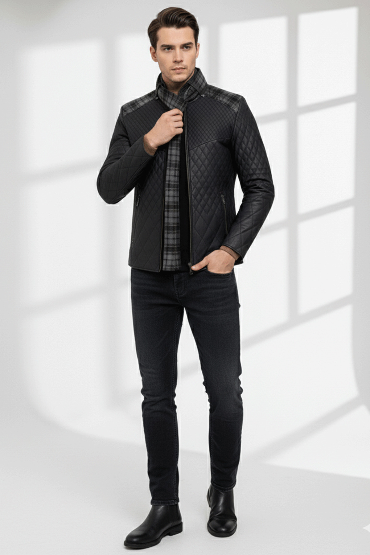 Deriderim  Lacivert Steven Erkek Şallı Kapitone Hakiki Deri Mont - Görsel 3