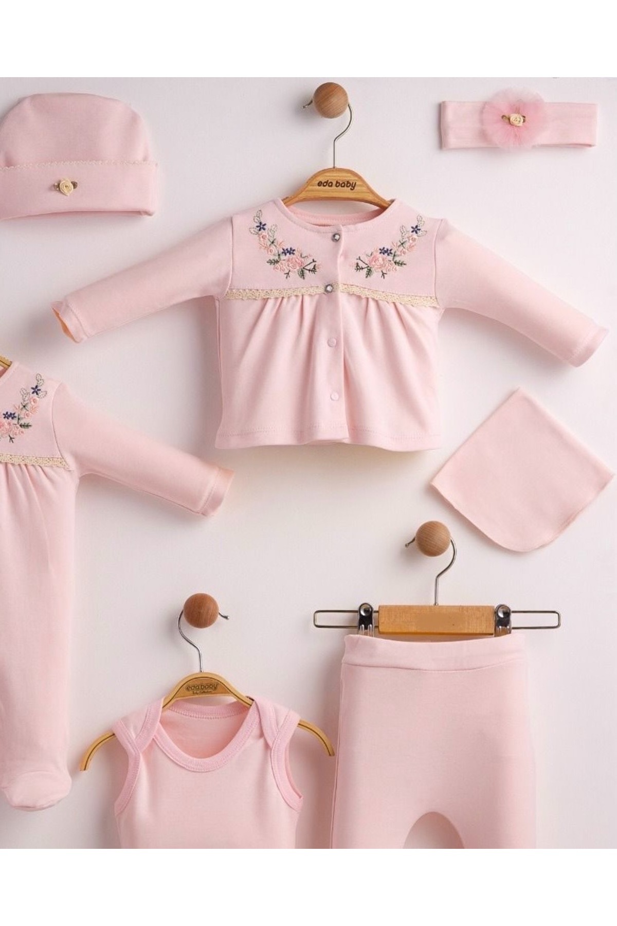 Mert Baby Sıralı Çiçekli Nakış İşlemeli 11'li Organik Hastane Çıkış Seti %100 Pamuk Yenidoğan Kız Bebek fotoğrafı 6 (önizleme)