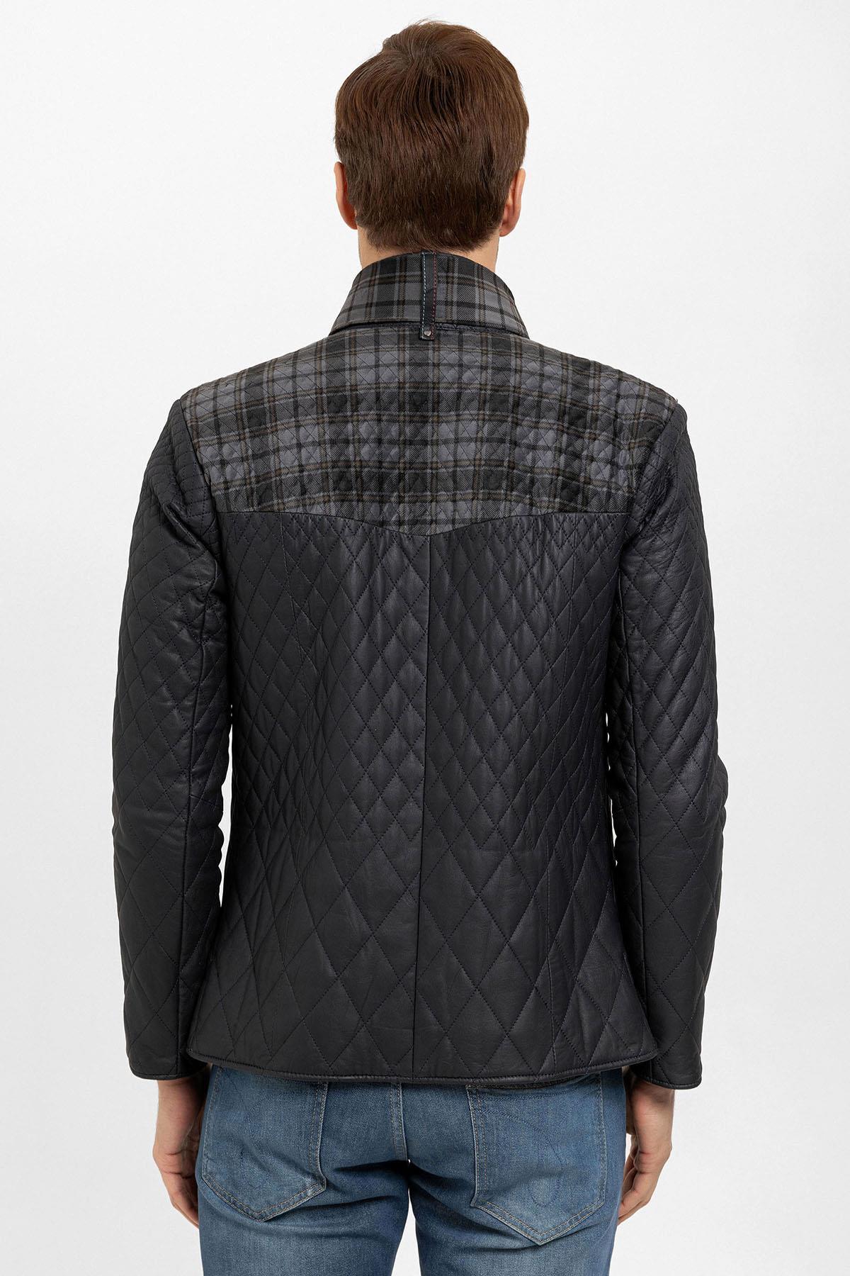 Deriderim  Lacivert Steven Erkek Şallı Kapitone Hakiki Deri Mont - Görsel 4