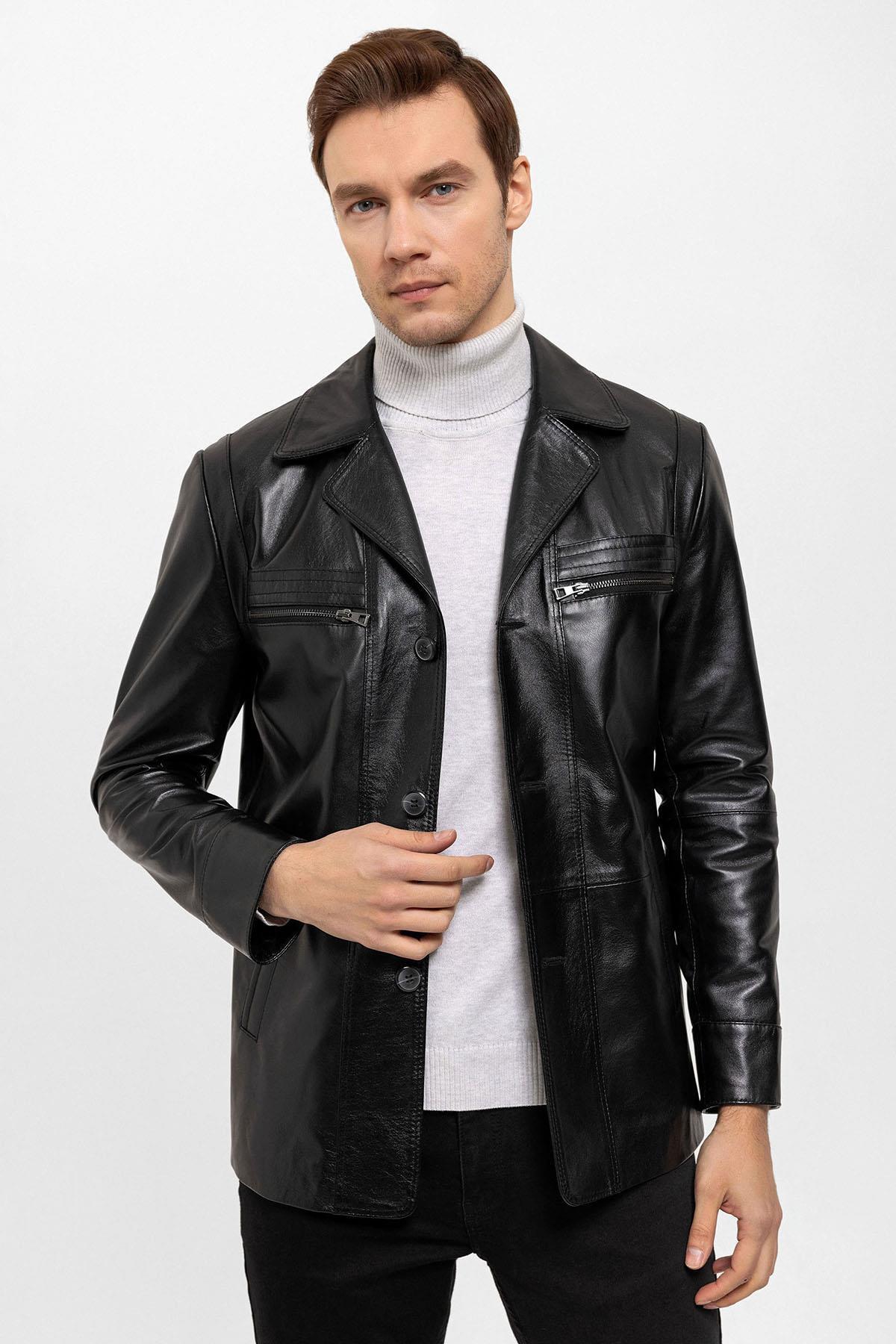 Black Douglas Buttoned Lined Waist Fit Men Genuine Leather Coat
