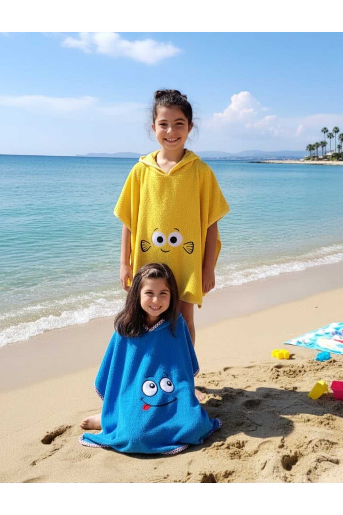 PAMUK HANIM Pamuklu yumuşacık Havlu Kız-erkek Çocuk Deniz Plaj, Havuz, banyo Kapüşonlu Panço MAVİ/GÖZ fotoğrafı 2 (önizleme)