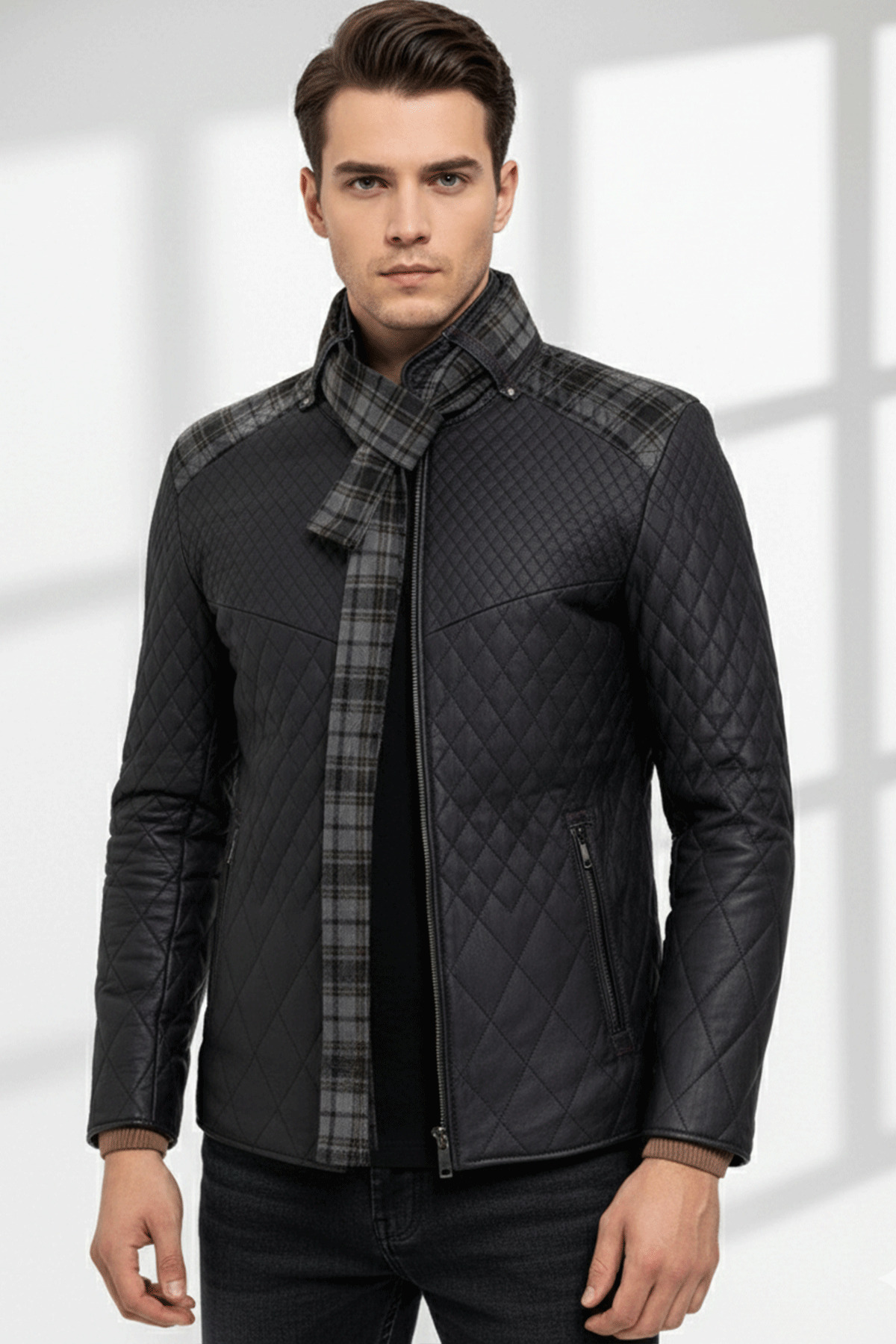 Deriderim  Lacivert Steven Erkek Şallı Kapitone Hakiki Deri Mont