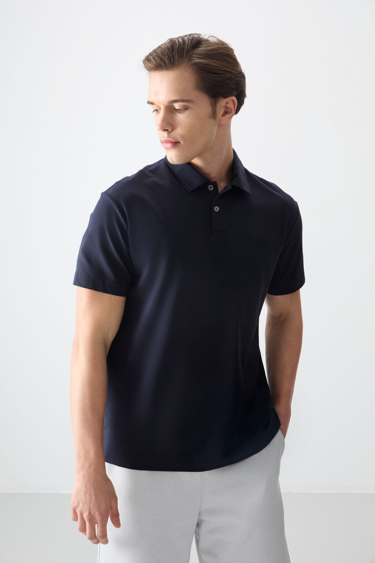 Navy Blue Cotton Thick Soft Textured Polo Neck Oversize Fit Basic Men's T-Shirt- 88381