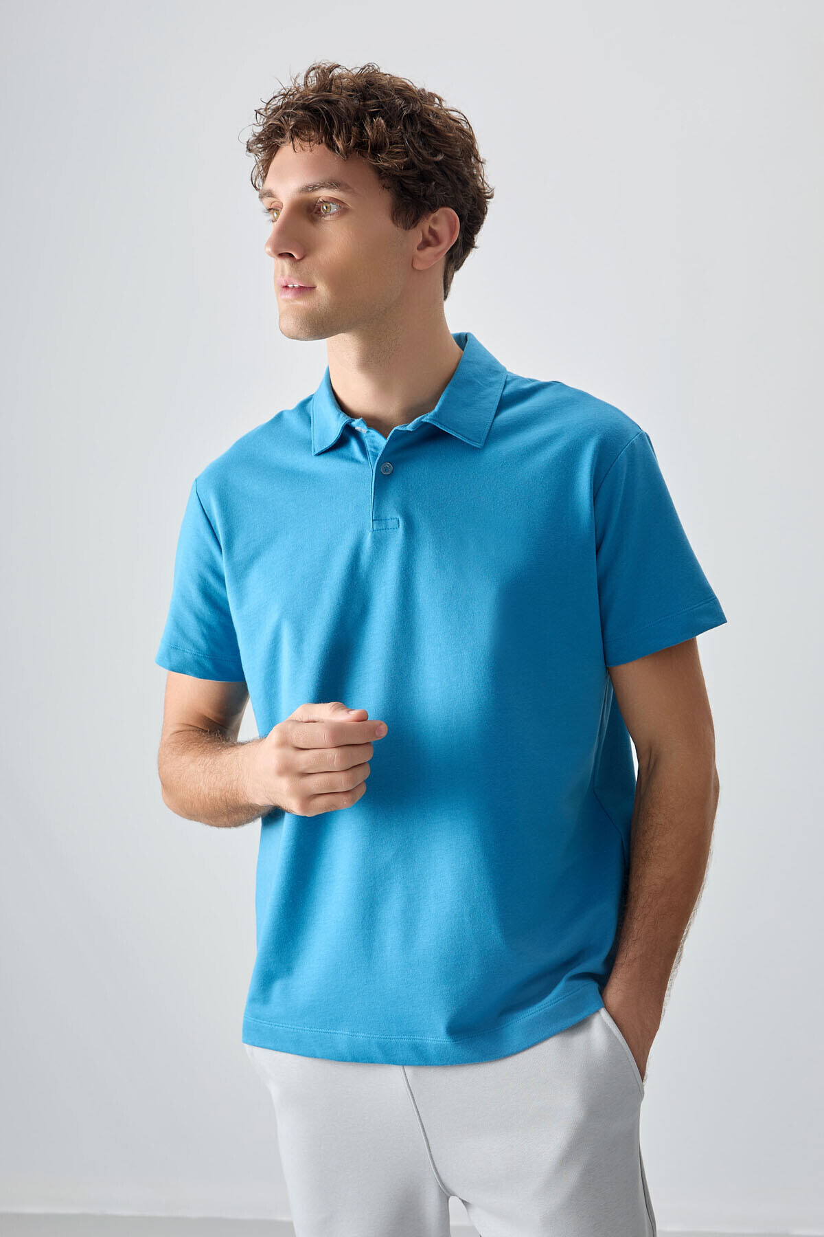 Petroleum Blue Cotton Thick Soft Textured Polo Neck Oversize Fit Basic Men's T-Shirt- 88381
