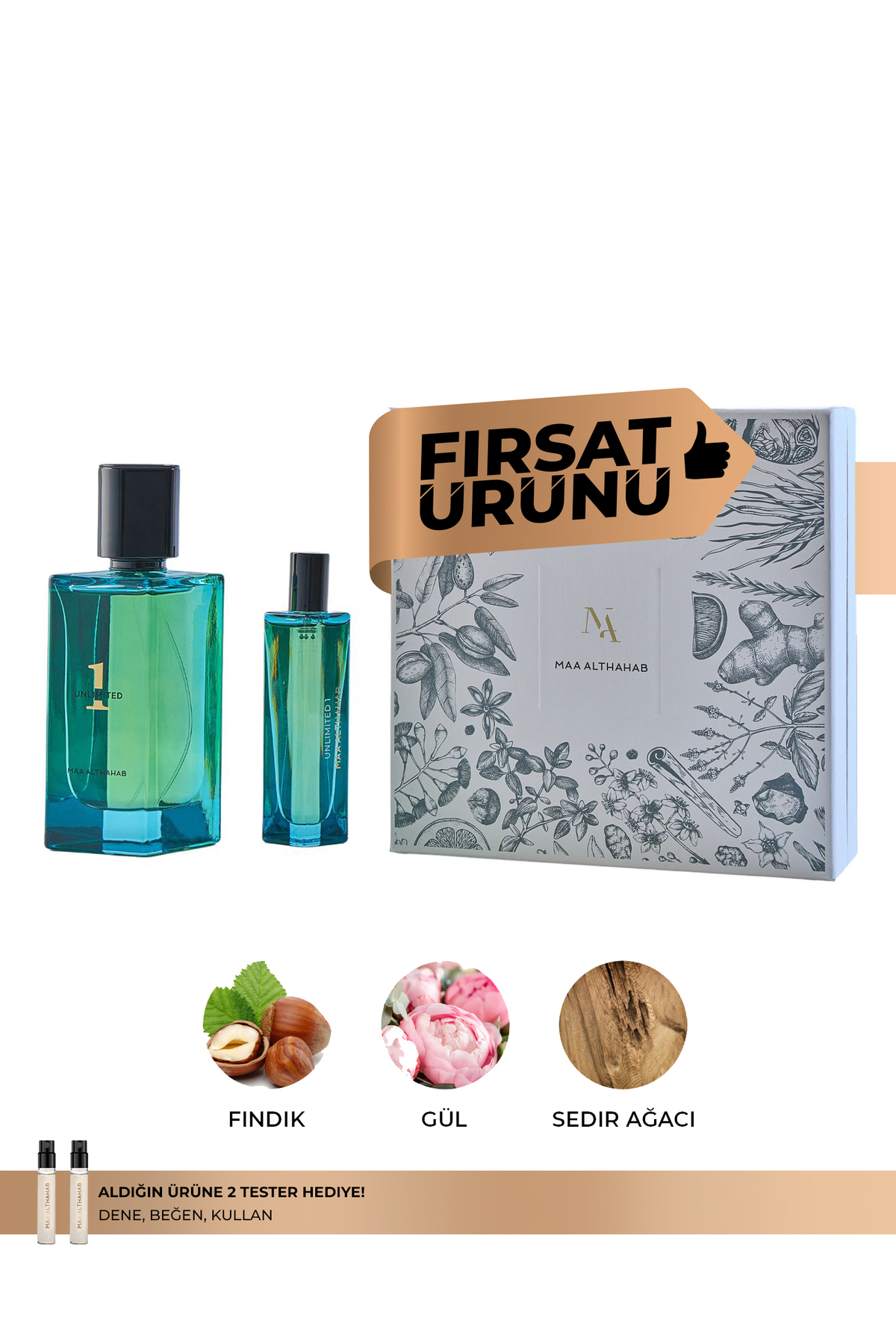 Maa Althahab Unlimited 1 Unisex Parfüm Hediye Seti 75 ML + 15 ML, Fındık Hindistan Cevizi ve Vanilya Notaları — MAT4065803