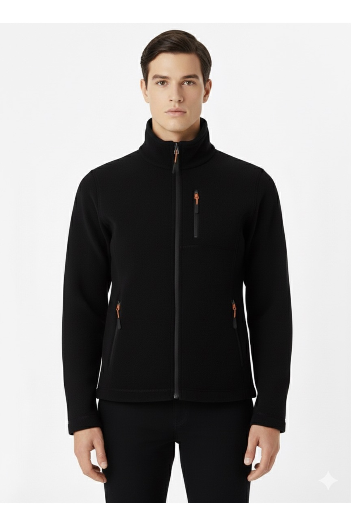 Unisex Kalın Kışlık Outdor Tam Boy Fermuarlı Göğüsten 3 Cepli Nakışsız Polar Ceket — مشکی Polar1 — تصویر 2 از 3