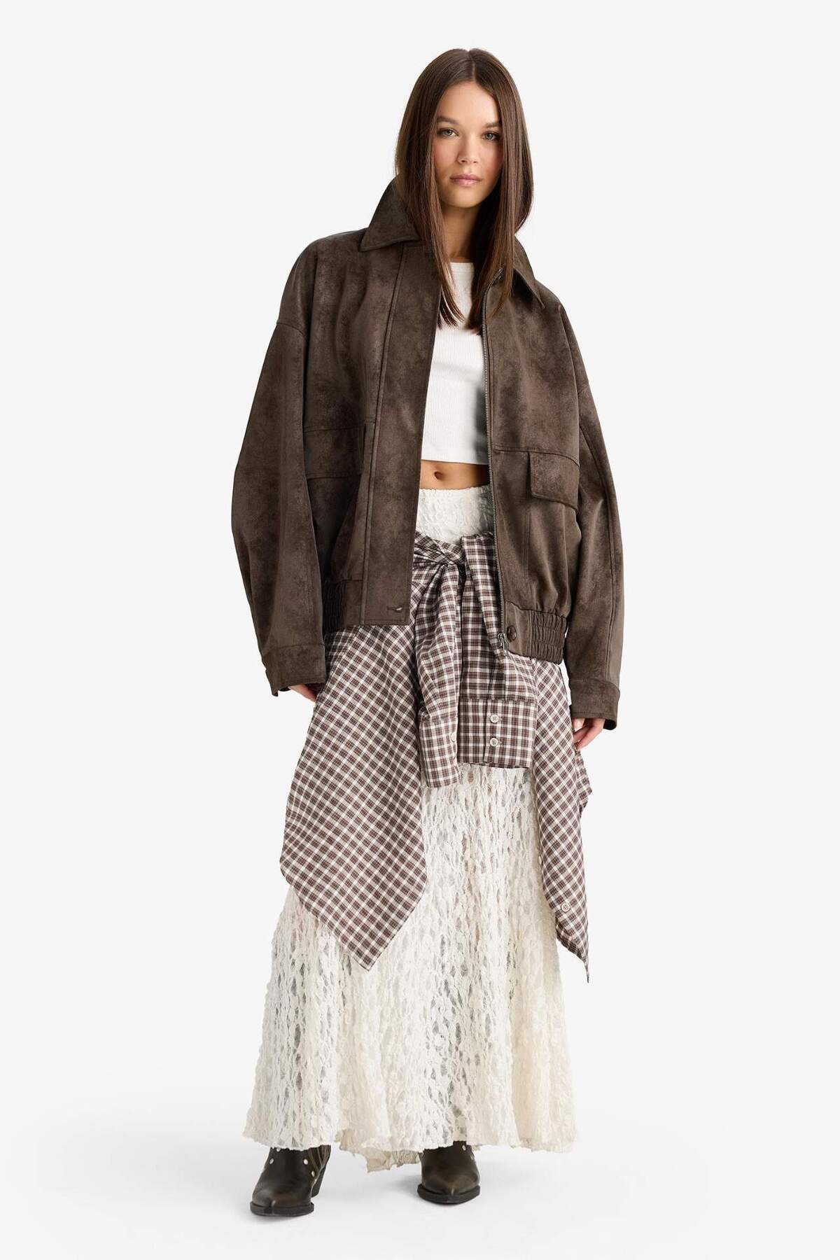 Defacto  Afra x Dad Fit Polo Yaka Fermuarlı Süet Ceket F9502AX25AU - Görsel 5