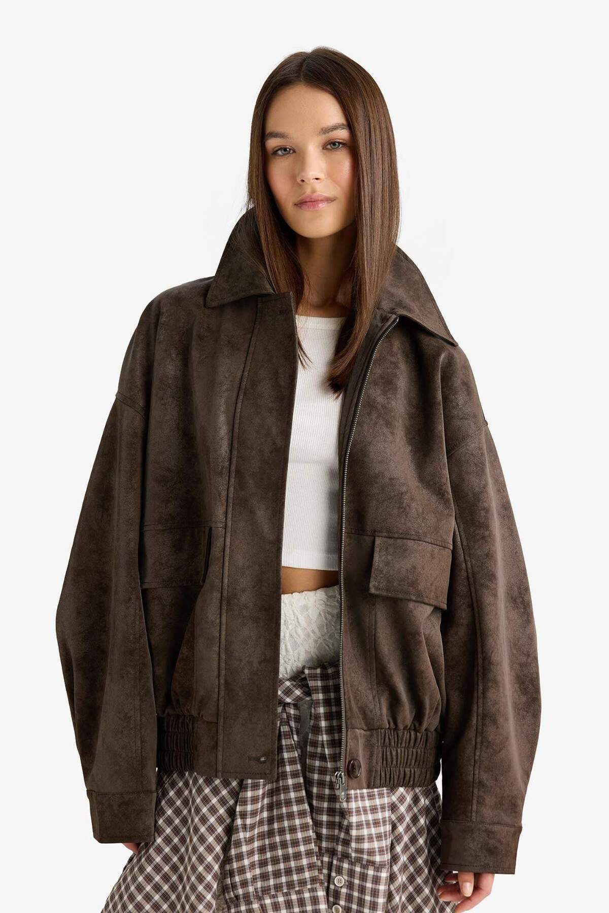 Defacto  Afra x Dad Fit Polo Yaka Fermuarlı Süet Ceket F9502AX25AU - Görsel 6