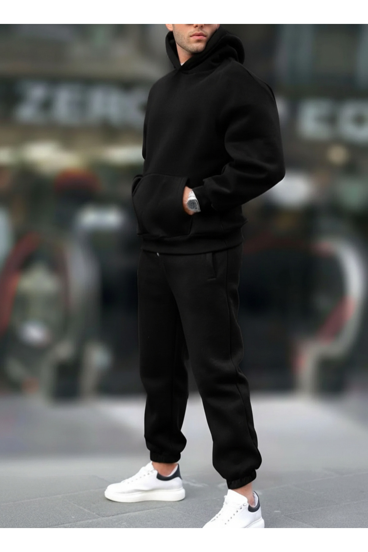 Erkek Geniş Paça Kışlık Cepli Beli Paçası Lastikli Hoodie Rahat Kesim Eşofman Takımı — مشکی MstfETK3I-1 — تصویر 2 از 2