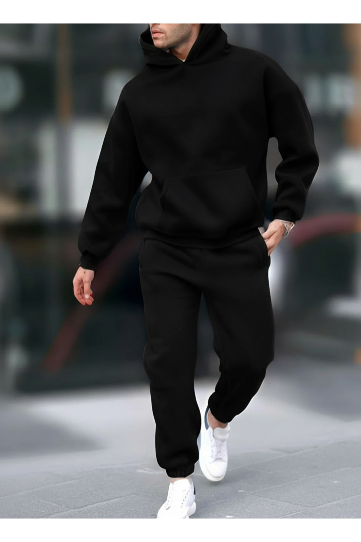 Erkek Geniş Paça Kışlık Cepli Beli Paçası Lastikli Hoodie Rahat Kesim Eşofman Takımı — مشکی MstfETK3I-1