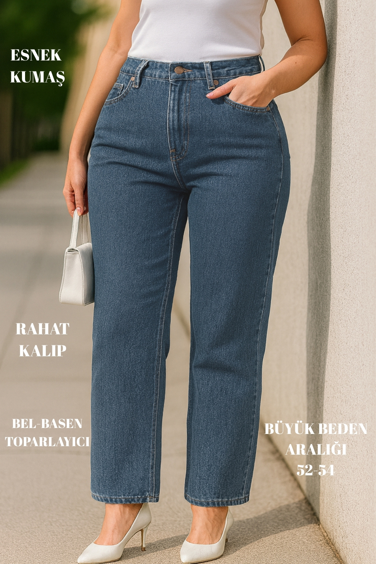 CEDY DENIM  - Kadın Büyük Benden Boru Paça Yüksek Bel Regular Fit Likralı Pantolon C626-Mavi