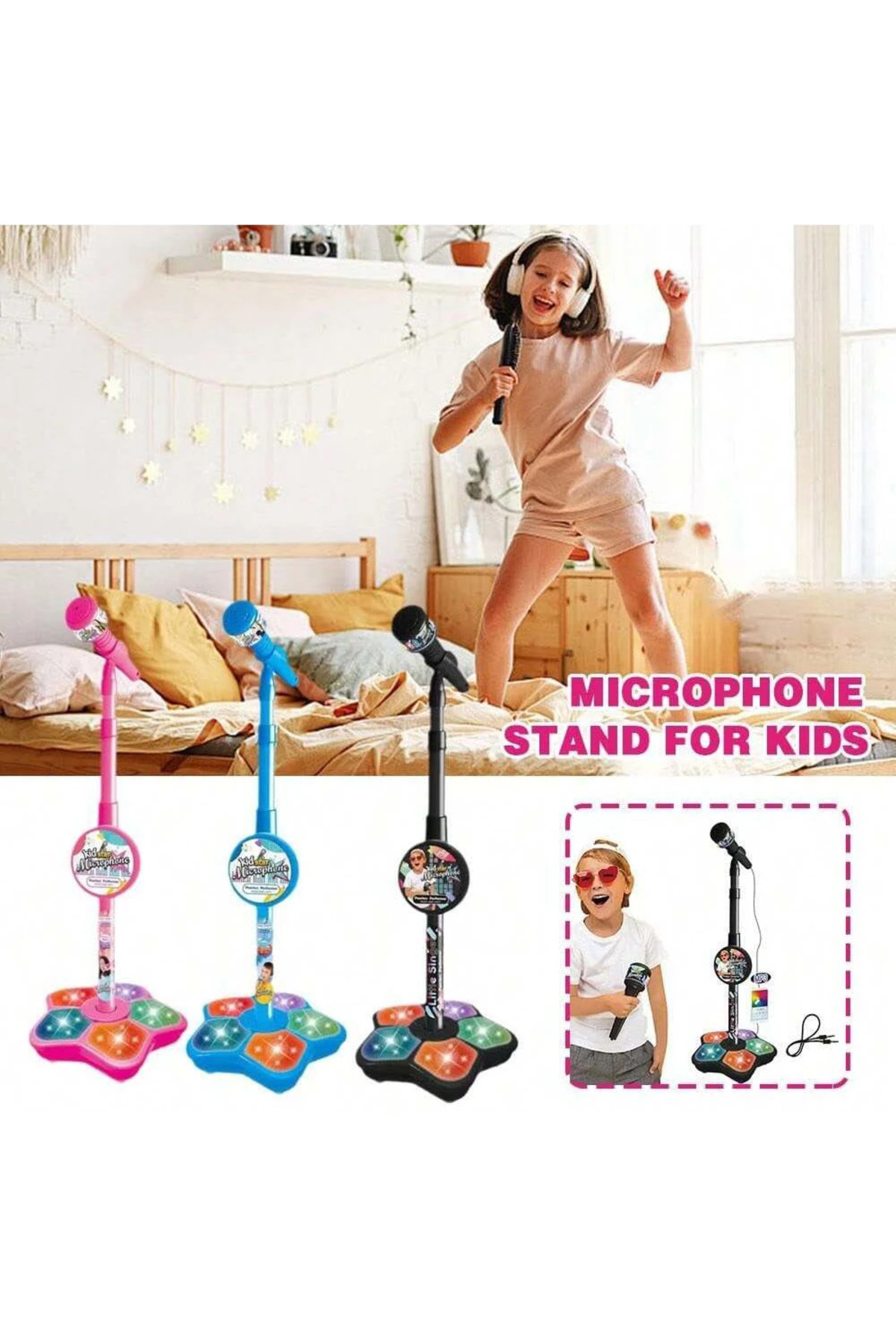 بازی میکروفون استند صورتی بچگانه، کارائوکه الکترونیکی قابل حمل کودکان، میکروفون کارائوکه مهمانی بادوام