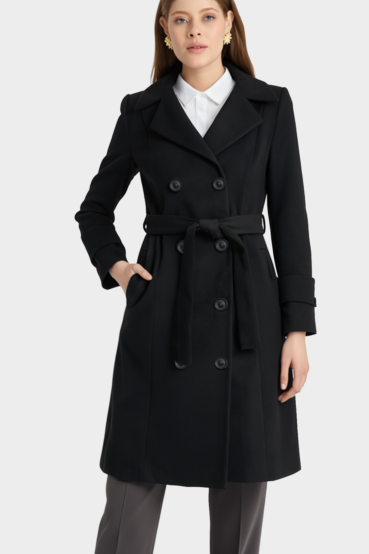 Soydan Güner  Kadın Kruvaze Kuşaklı Kulplu Kesim Kaban Siyah 6610 - Görsel 5