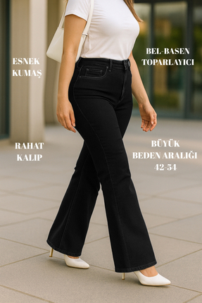 CEDY DENIM - Kadın Siyah Büyük Beden İspanyol Paça Yüksek Bel Skinny Fit Likr...