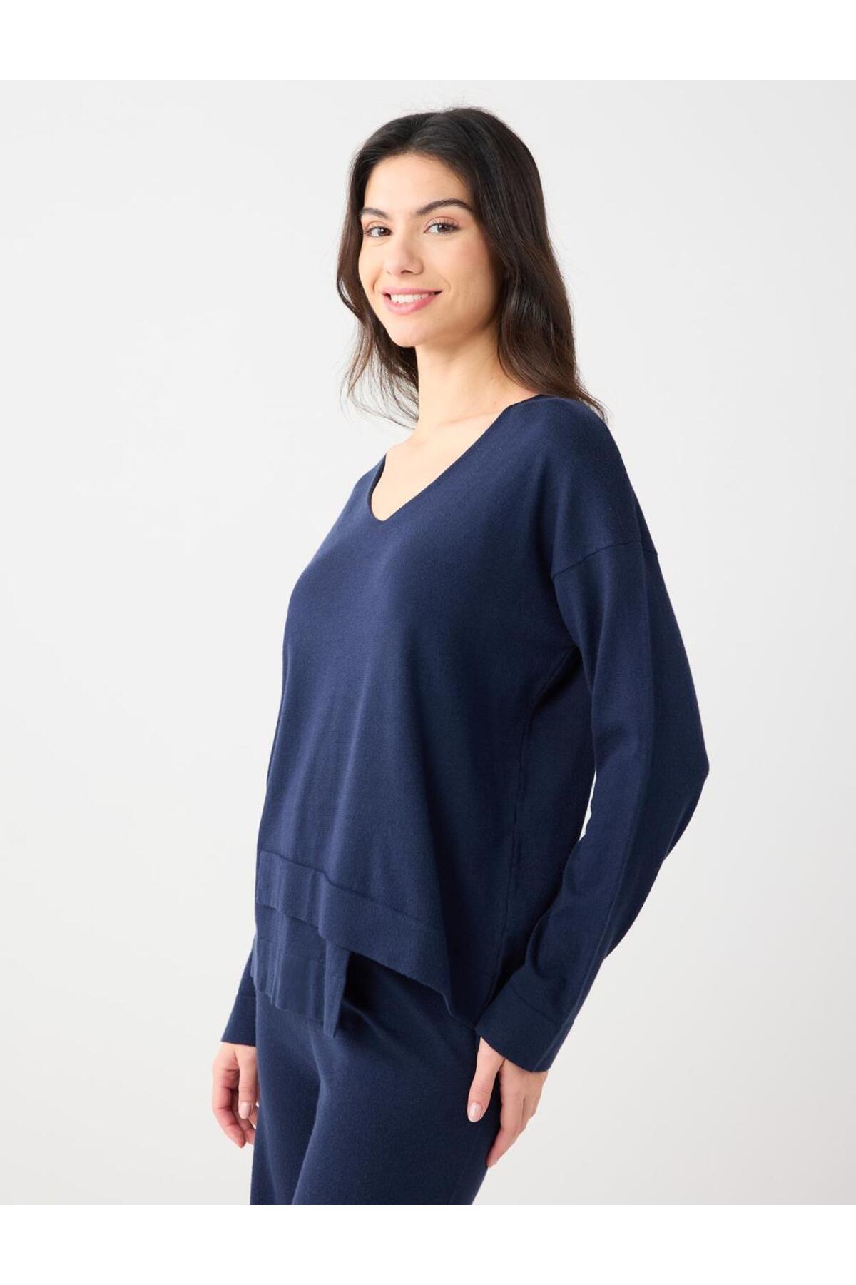 Jimmy Key  Lacivert Uzun Kollu V Yaka Triko Kazak - Görsel 3