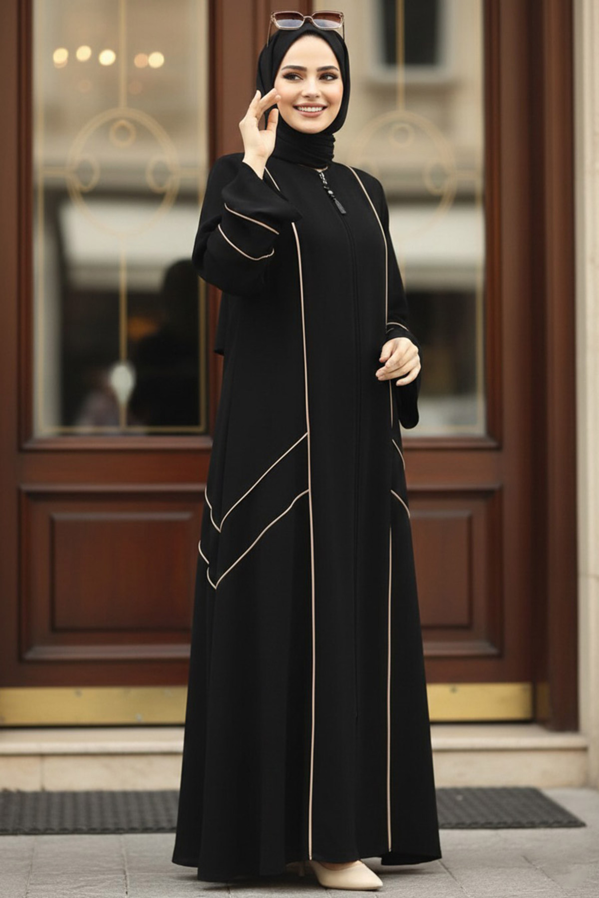 Neva Style Fermuarlı Siyah Tesettür Rabia Krep Ferace 35162S