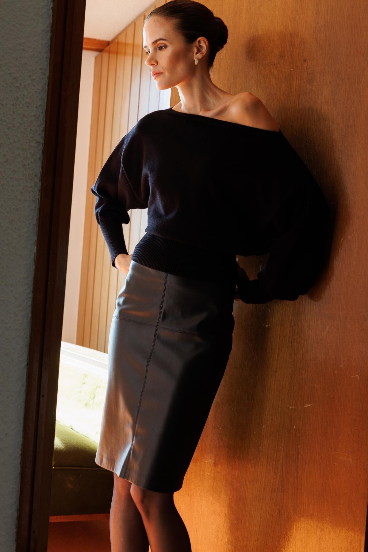 Mixray  6988 Kadın Asimetrik Rib Kesim Kayık Yaka Triko Kazak Siyah - Görsel 6