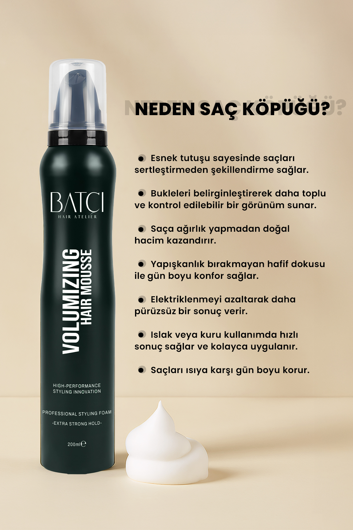 Volumızıng Hair Mousse 200 Ml Yoğun Hacim ve Bukle Belirginleştirici Esnek Tutuşlu Saç Köpüğü — 8684808759302 — تصویر 4 از 5
