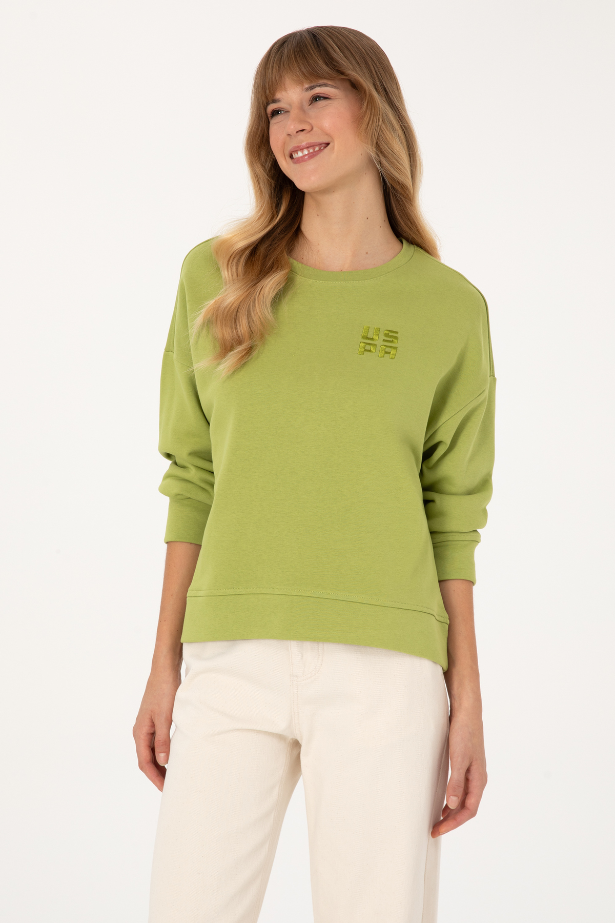 U.S. Polo Assn.  Kadın Fıstık Yeşili Bisiklet Yaka Basic Sweatshırt 50313565-VR087 - Görsel 3