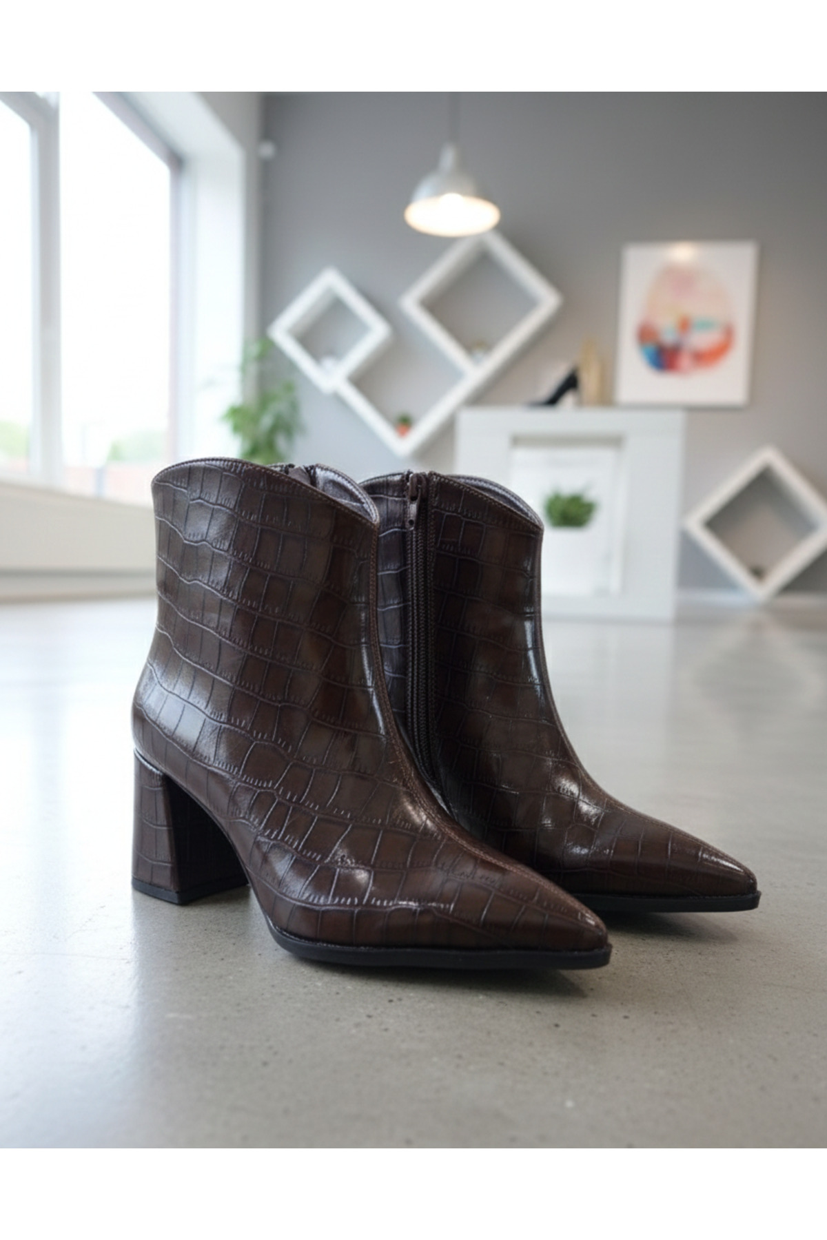 Women's Classic Croco Pointed Toe Thick Heels Women's Side Zipper Boots