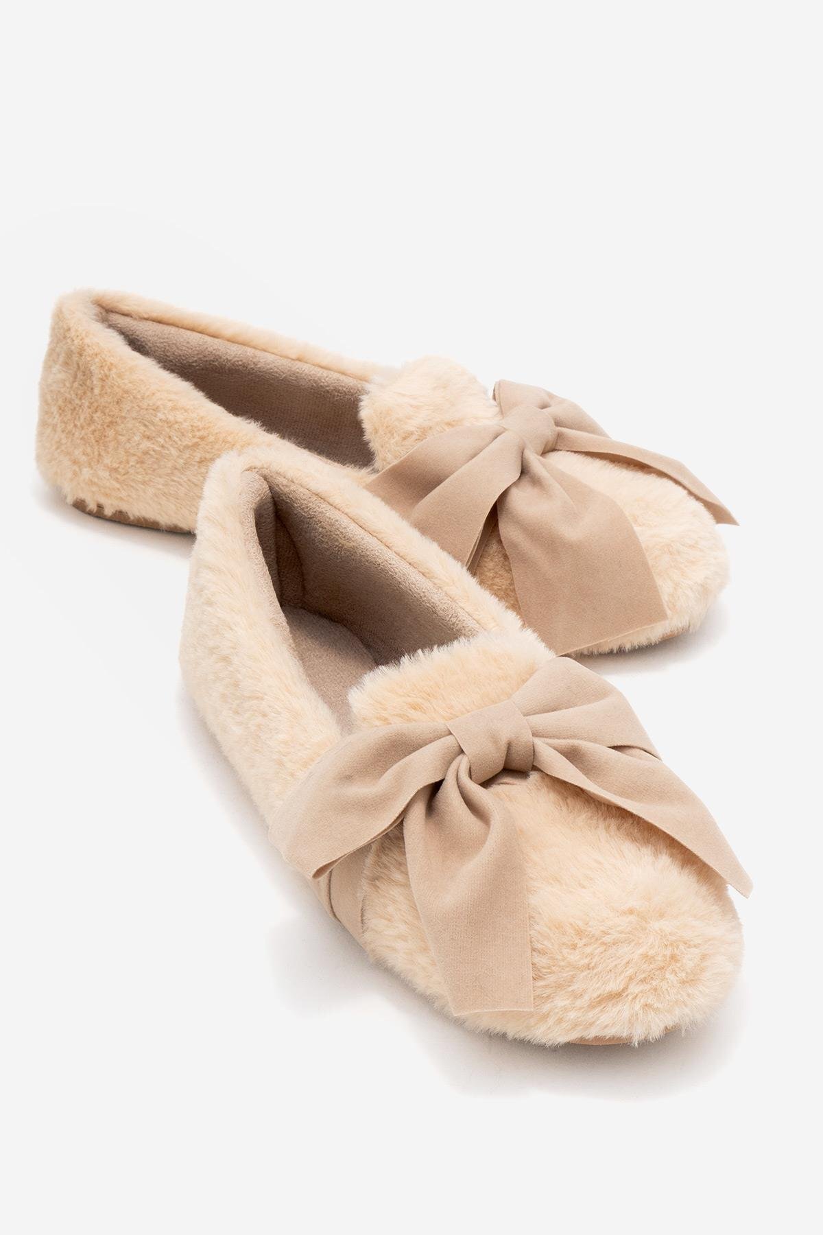 StWenn Bej Fiyonklu Peluş Kadın Ev Babeti İçi Kürklü Ultra Yumuşak Sessiz Taban Sıcak Tutan Makosen Panduf görsel 2
