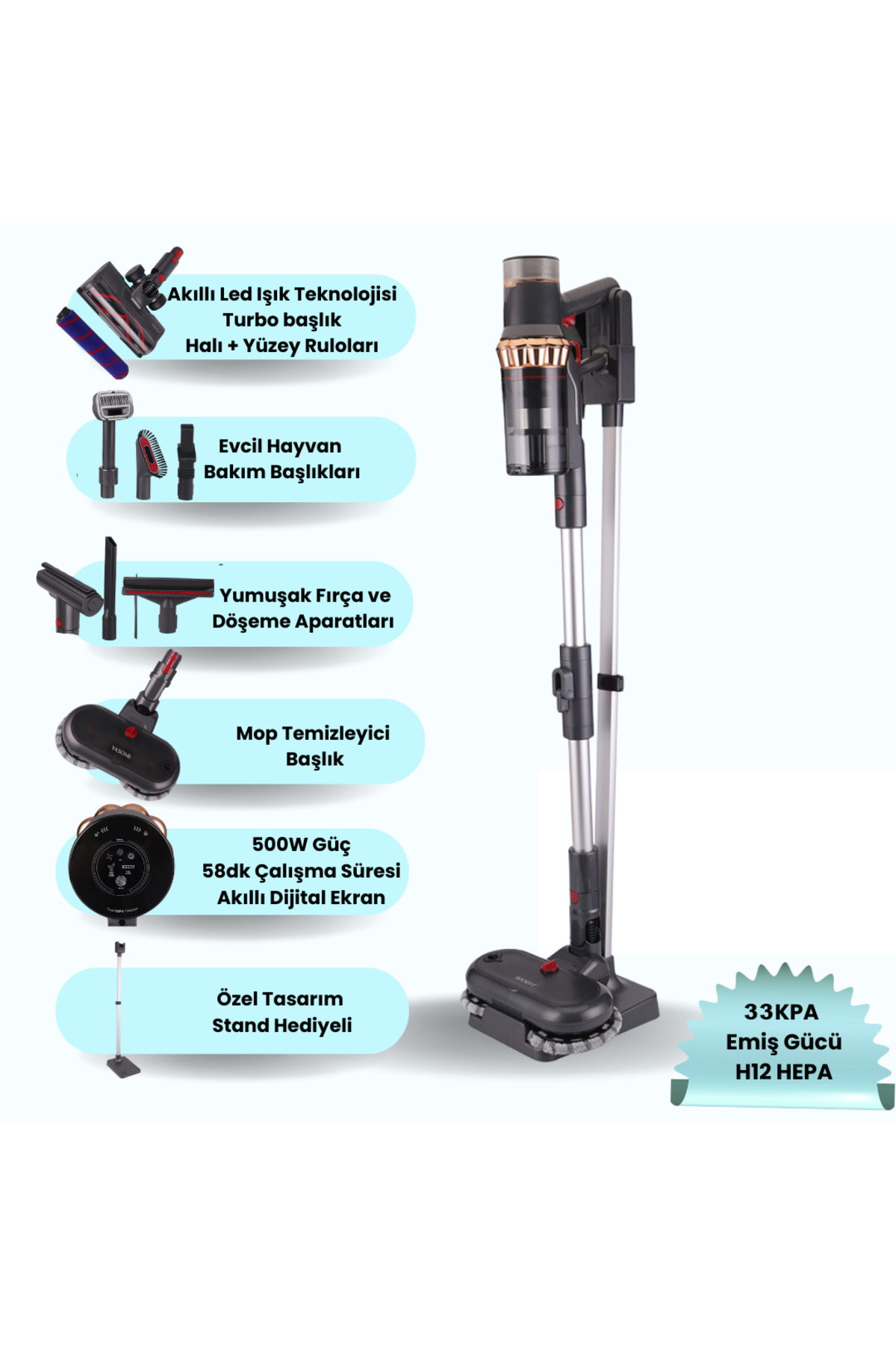 Yasomi Vion Plus V11 33Kpa H12 Hepa Mop Başlık Led Işıklı Turbo Başlık Dikey Süpürge