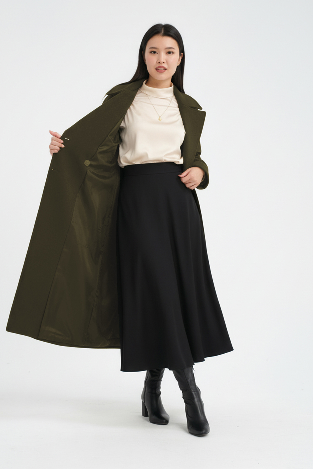 Soydan Güner  Kadın Yünlü Kruvaze Reglan Ara Boy (120 CM)(1 BEDEN BÜYÜK) Kaban Haki 1280 - Görsel 7