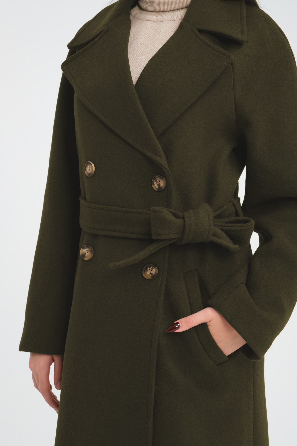 Soydan Güner  Kadın Yünlü Kruvaze Reglan Ara Boy (120 CM)(1 BEDEN BÜYÜK) Kaban Haki 1280 - Görsel 5