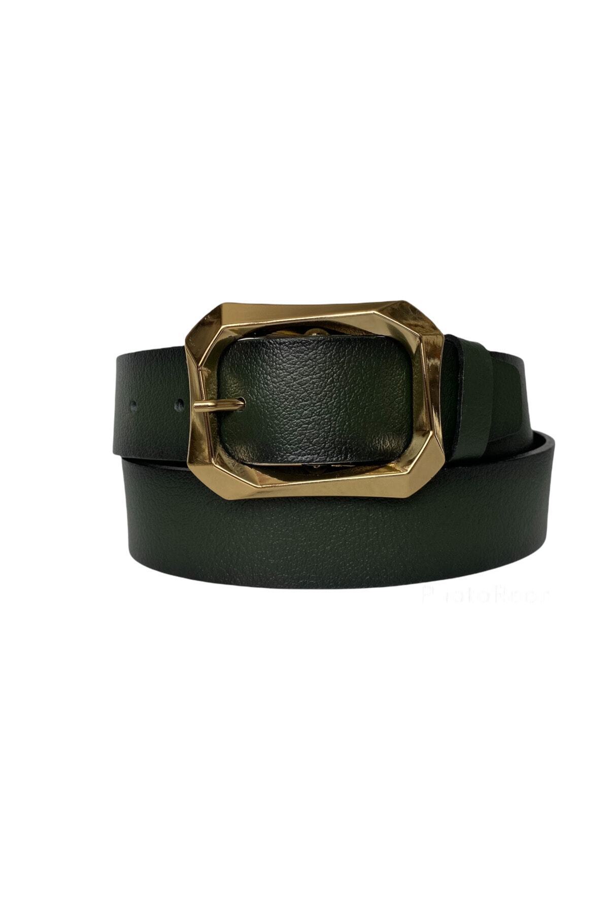 100% Genuine Leather, Green Women's Denim Belt with Gold Buckle 4 Cm= an-byn-08