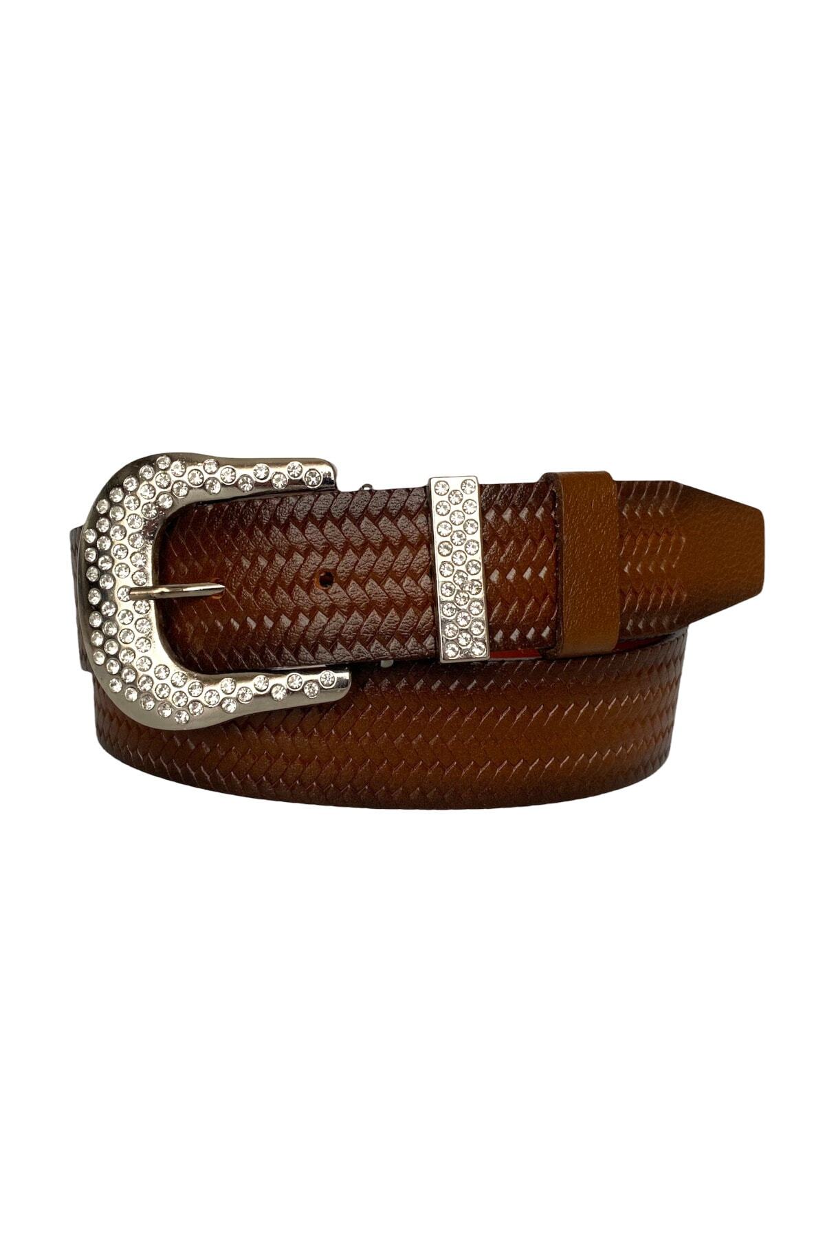 100% Genuine Leather, Silver Stone Buckle, Metal Stone Bridged Brown Women's Jeans Belt 4 Cm= an-byn-66