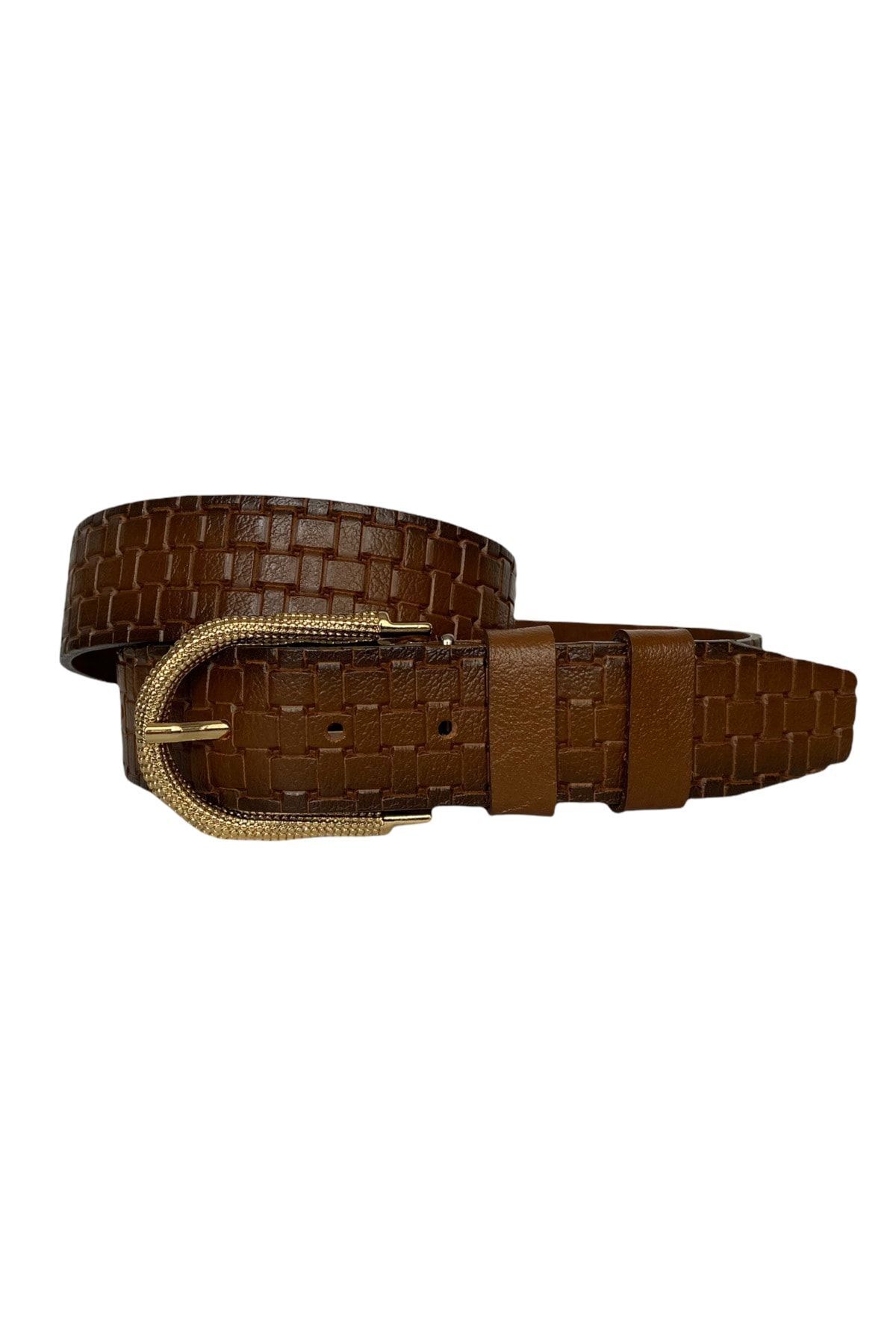 100% Genuine Leather, Brown Women's Jeans Belt with Gold Buckle 4 Cm= 70-an-byn