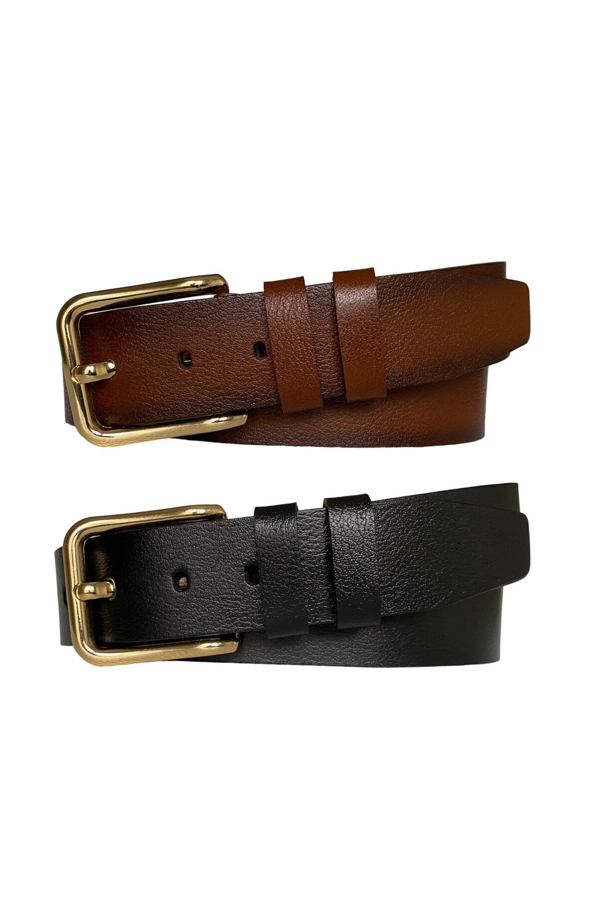 100% Genuine Leather 2-Piece Set 4 Cm One-Piece Women's Jeans Belt Black, Red Tan=rectangular