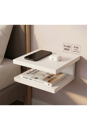 ALADAĞ HOME 30x25 cm Beyaz Duvar Komodini Yatak Yanı %100 MDF Başucu Rafı