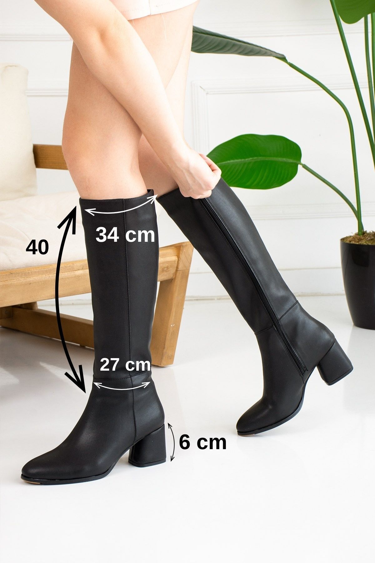 İmerShoes  Günlük Kadın Siyah Deri Oval Burun Yüksek Kalın Topuk Fermuarlı Diz Altı Rahat Çizme 3001 - Görsel 5