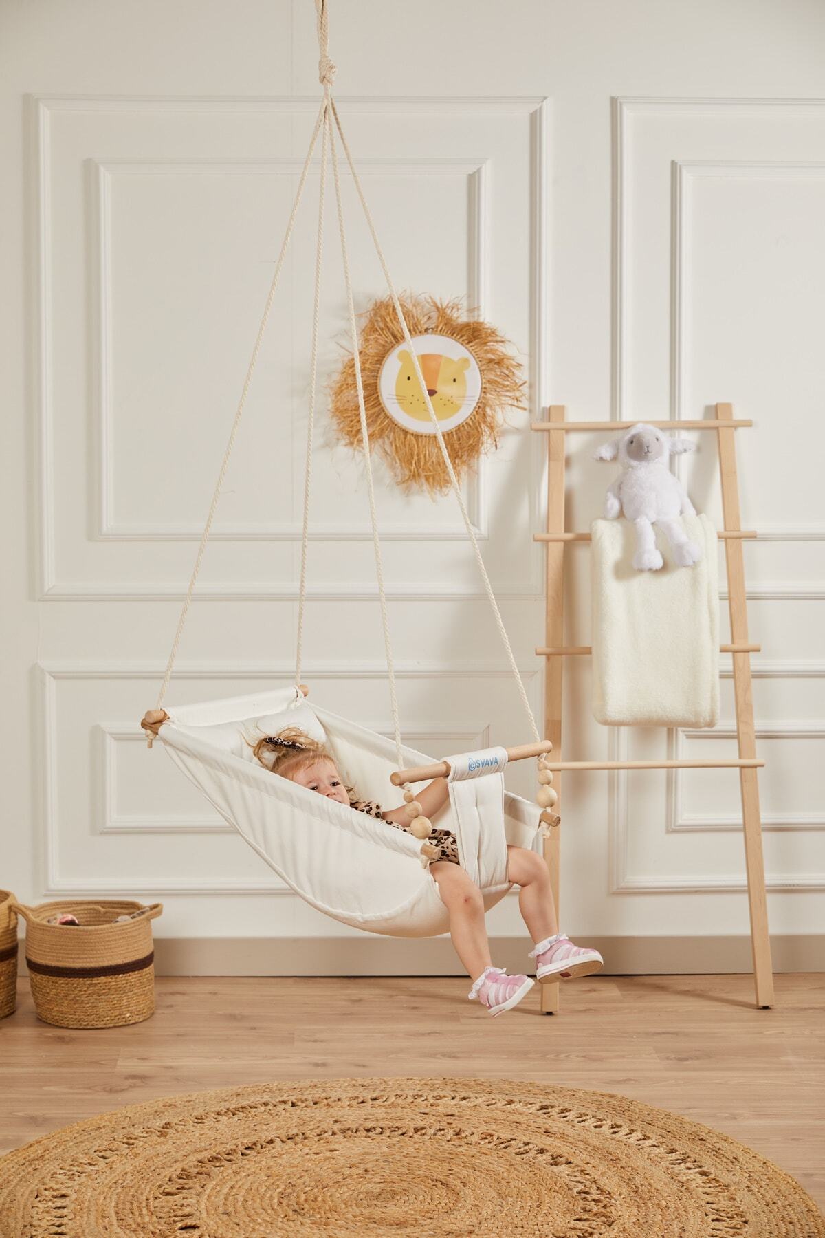 Svava Rüya Ahşap Bebek Hamak Salıncak - %100 Pamuk Ev Tipi Tavan Salıncağı (ham Kumaş) fotoğrafı 5 (önizleme)