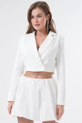 Saade Kadın Regular Fit Kruvaze Kapama Dokuma Crop Blazer Ceket -Şık & Spor