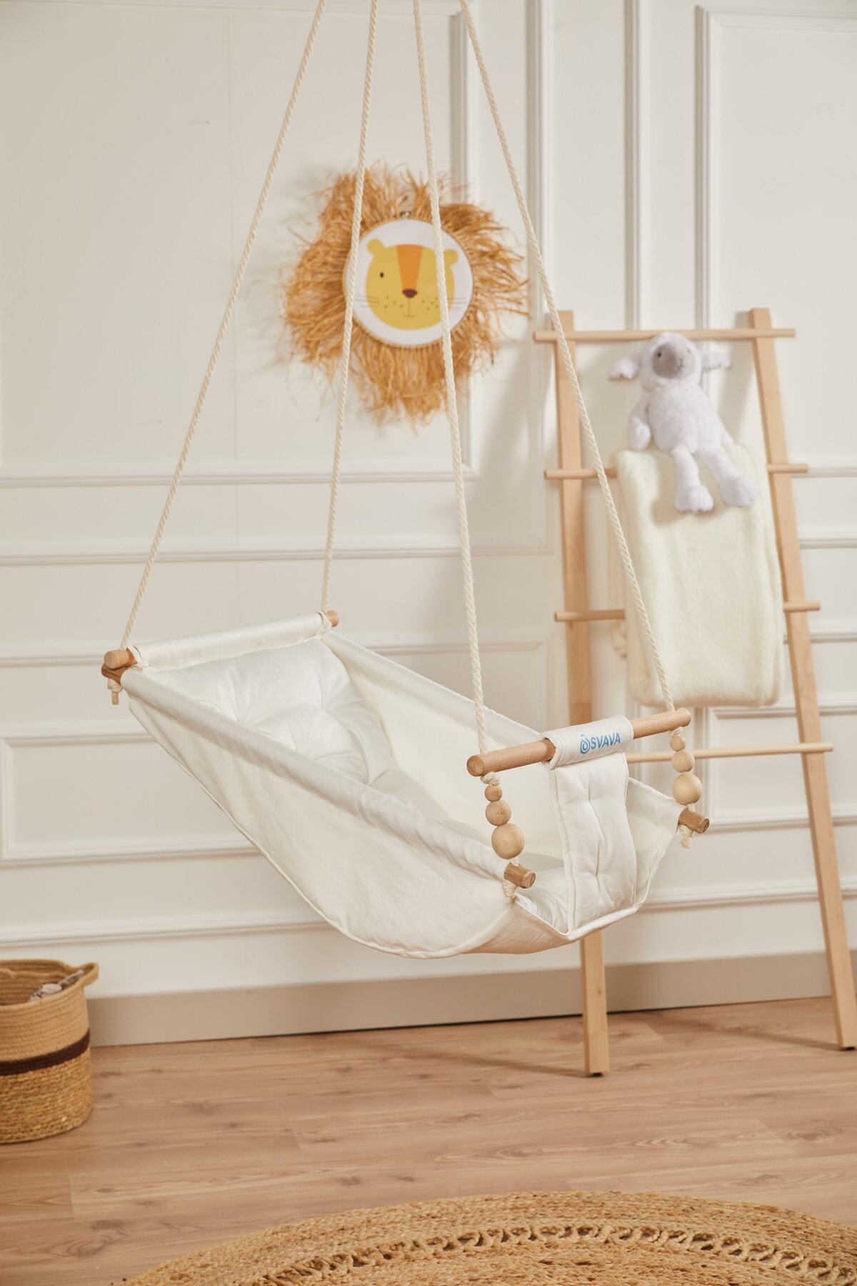 Svava Rüya Ahşap Bebek Hamak Salıncak - %100 Pamuk Ev Tipi Tavan Salıncağı (ham Kumaş) fotoğrafı 4 (önizleme)